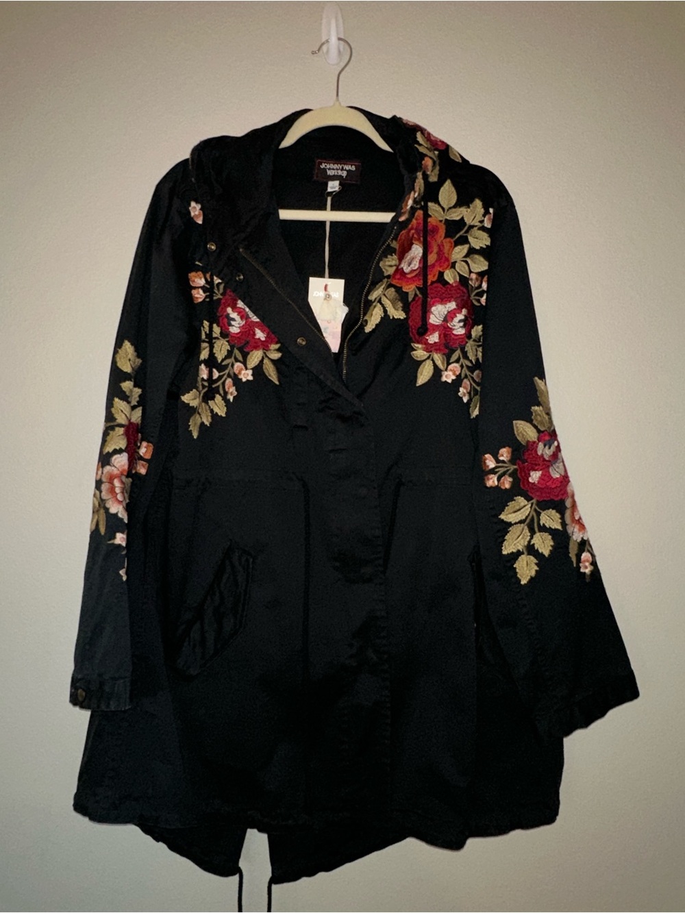 Johnny Was Black Utility Jacket with Red Floral Embroidery and Gold Leaves